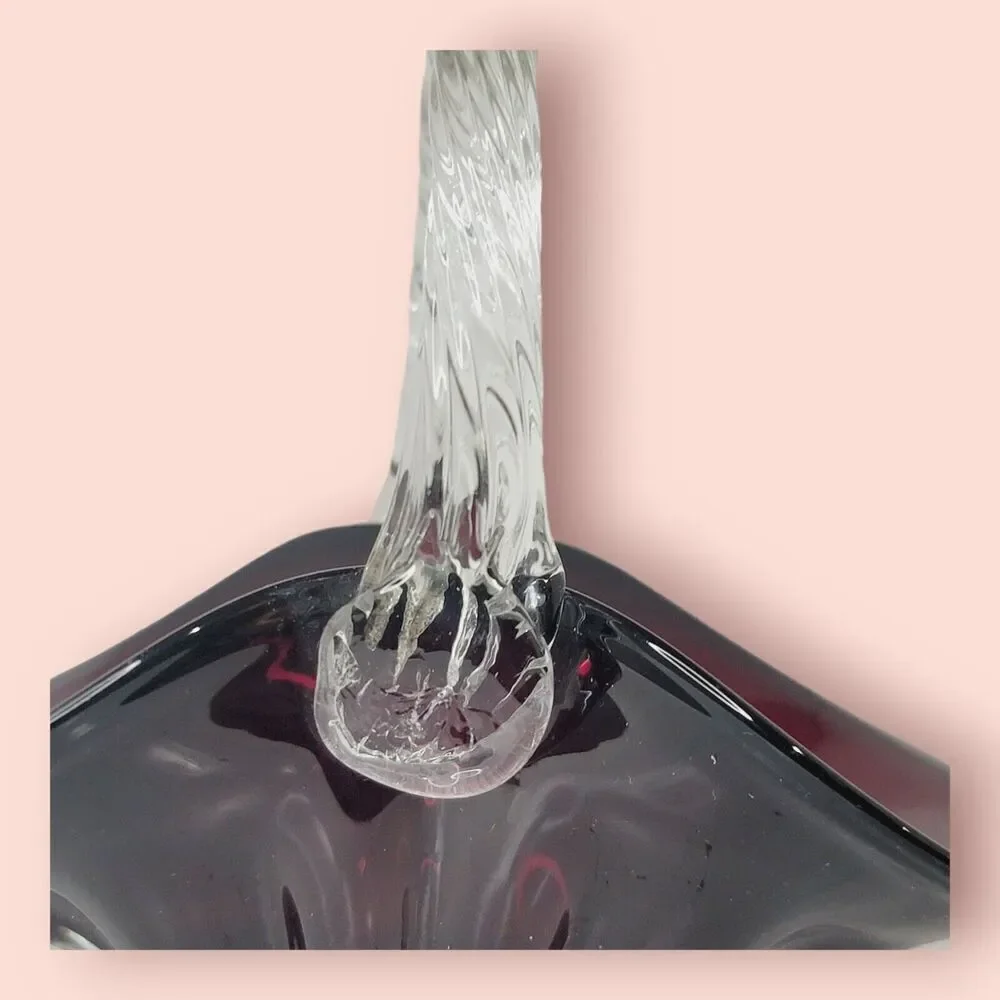 Ruby Red Hand Blown Art Glass Basket Applied‎ Handle Clear Ground Base